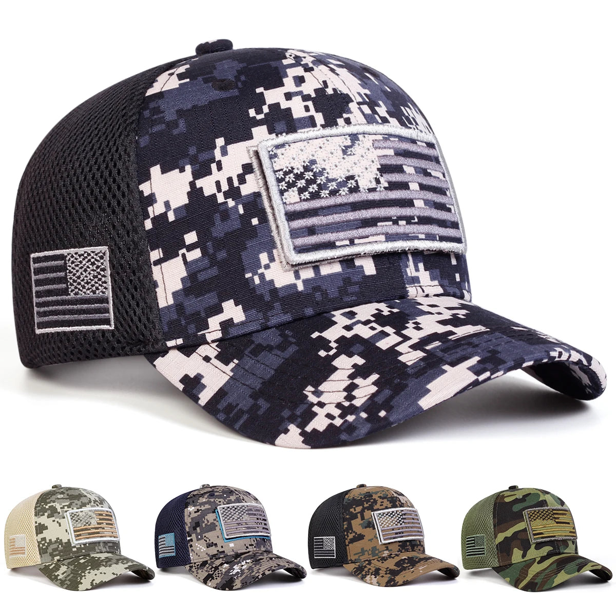 Unisex American Flag Embroidery Camouflage Baseball Net Caps Spring Summer