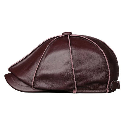 Men's Genuine Leather Warm Octagonal Cap Elegant Adjustable Newsboy Beret
