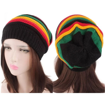 Multicolor Striped Printed Knitted Beret Cap Winter Warm