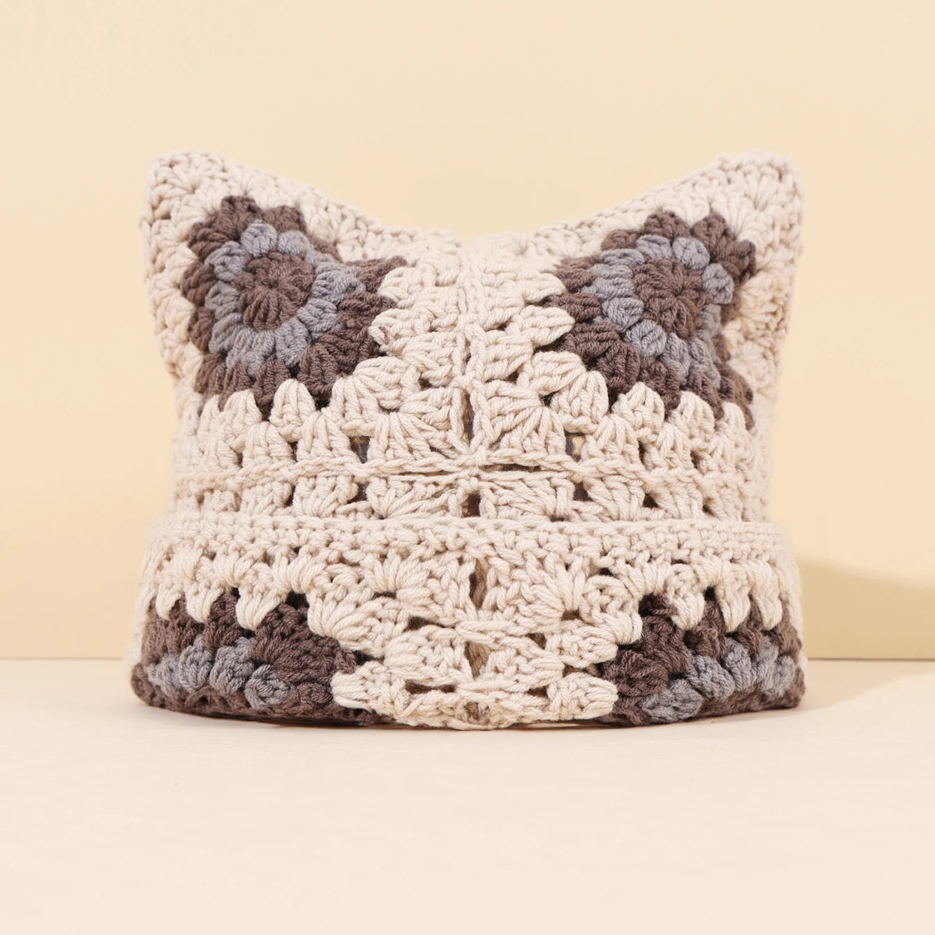 Niche Cute Cat Ear Color Matching Hand-Crocheted Beanie Hat