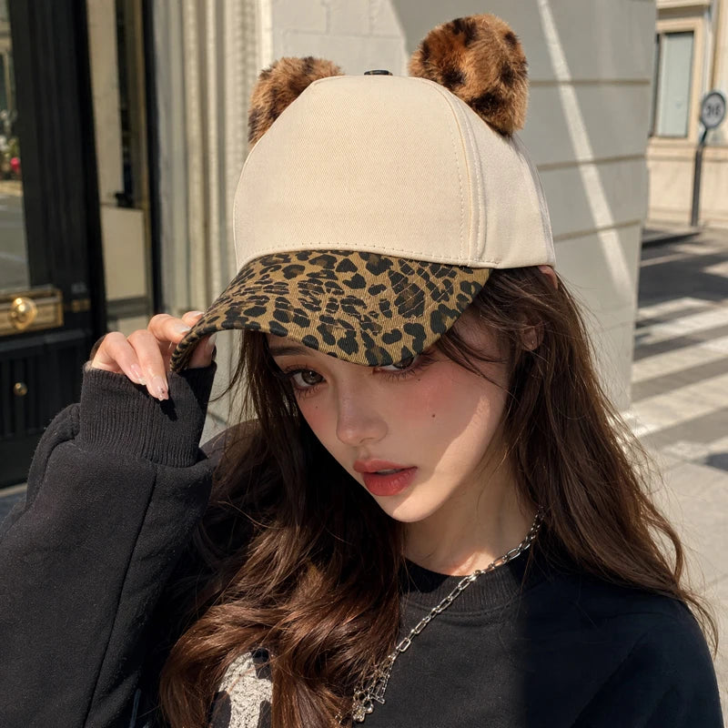 Leopard Print Brim Cat Ear Baseball Caps Women