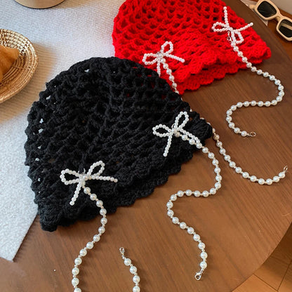 Pearl Bow Pendant Hollow Handmade Knitted Pullover Hat Street Korean