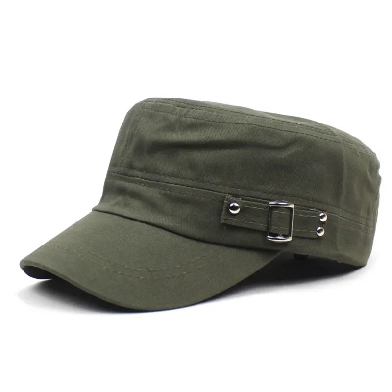 Army Cap Men Women Pure Color Washed Cotton Flat Top Cap Outdoor