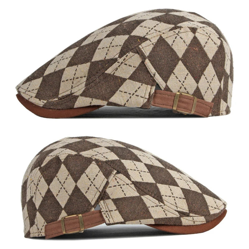 Spring Fall Men's Beret Hat Retro Plaid Herringbone Cap Forward Flat Peaked Cap