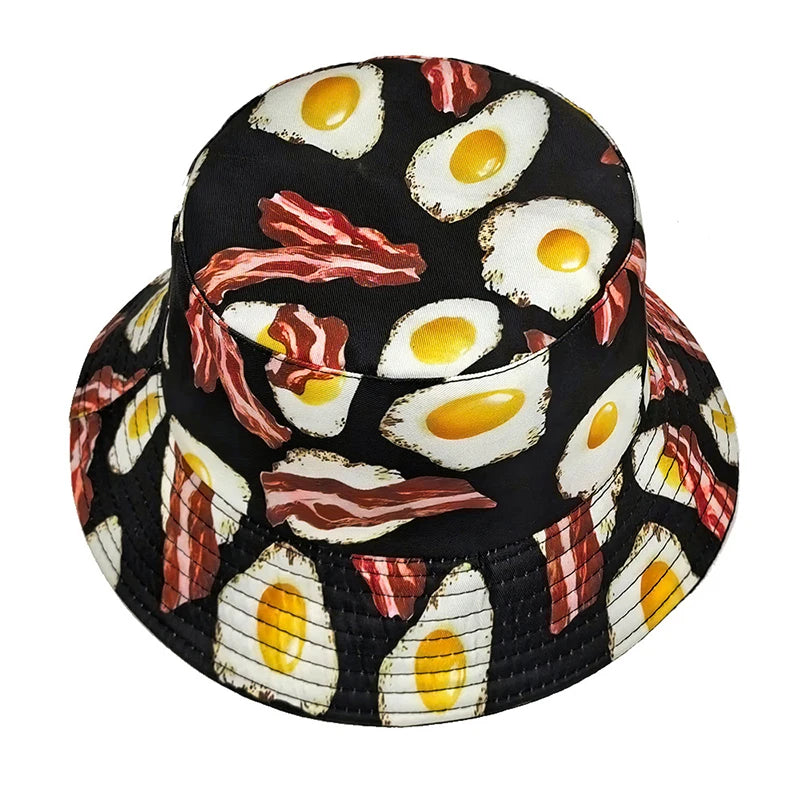 Cartoon Pattern Bucket Hat Eggs Bacon Printing Fisherman Hats Foods Double Sides