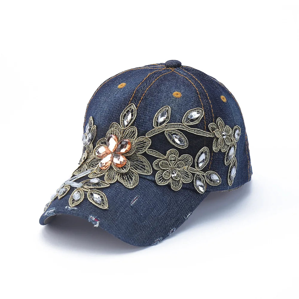 Baseball Cap Denim Distressed Rhinestone Bling Sparkle Hip Hop Hat