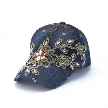 Baseball Cap Denim Distressed Rhinestone Bling Sparkle Hip Hop Hat