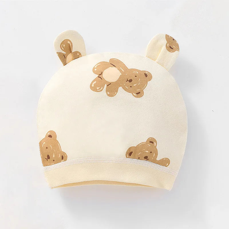 Soft Infant Beanies Caps Baby Hat Cartoon Bear Boneless Muslin Hat Newborn 0-3M