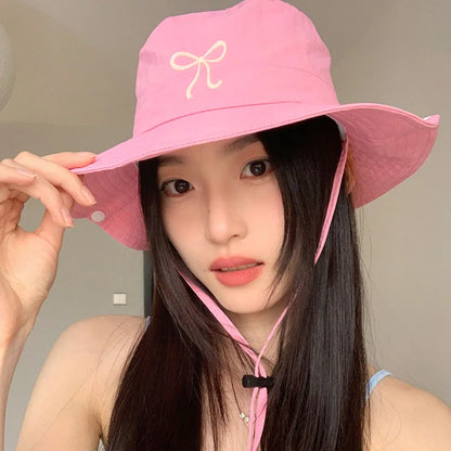 Bow Embroidery Women Quick Dry Bucket Hat Summer