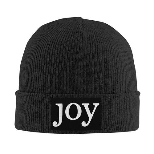 Joy Letter Patch Black Knitted Beanie Unisex Cuffed Winter Hat