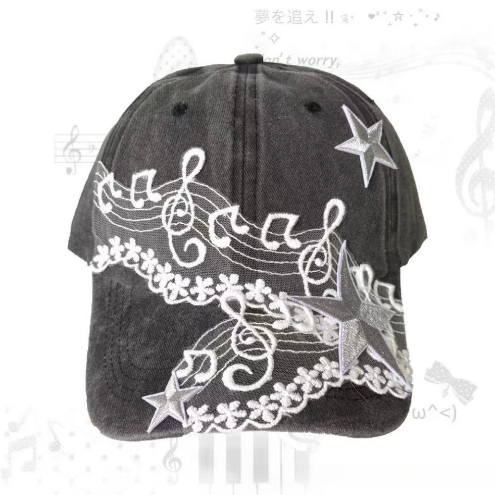 Y2K Musical Note Star Embroidery Lace Baseball Caps