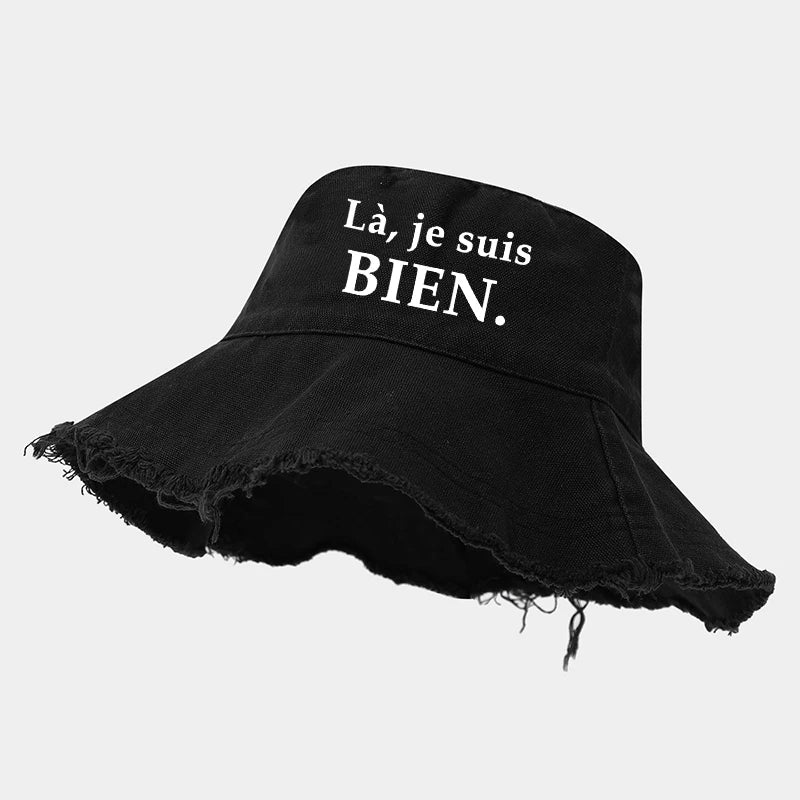 La Je Suis Bien Printed Bucket Hat Women Frayed Raw Hem Denim