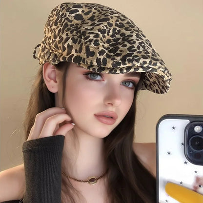 Retro Leopard Print Beret, Denim Print, Male And Female Artist's Hat