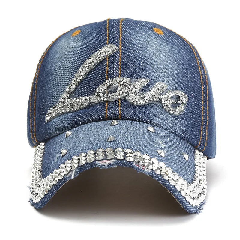 Denim Baseball Cap Women Rhinestone Letter Love Summer Hats