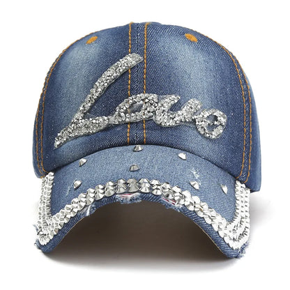 Denim Baseball Cap Women Rhinestone Letter Love Summer Hats