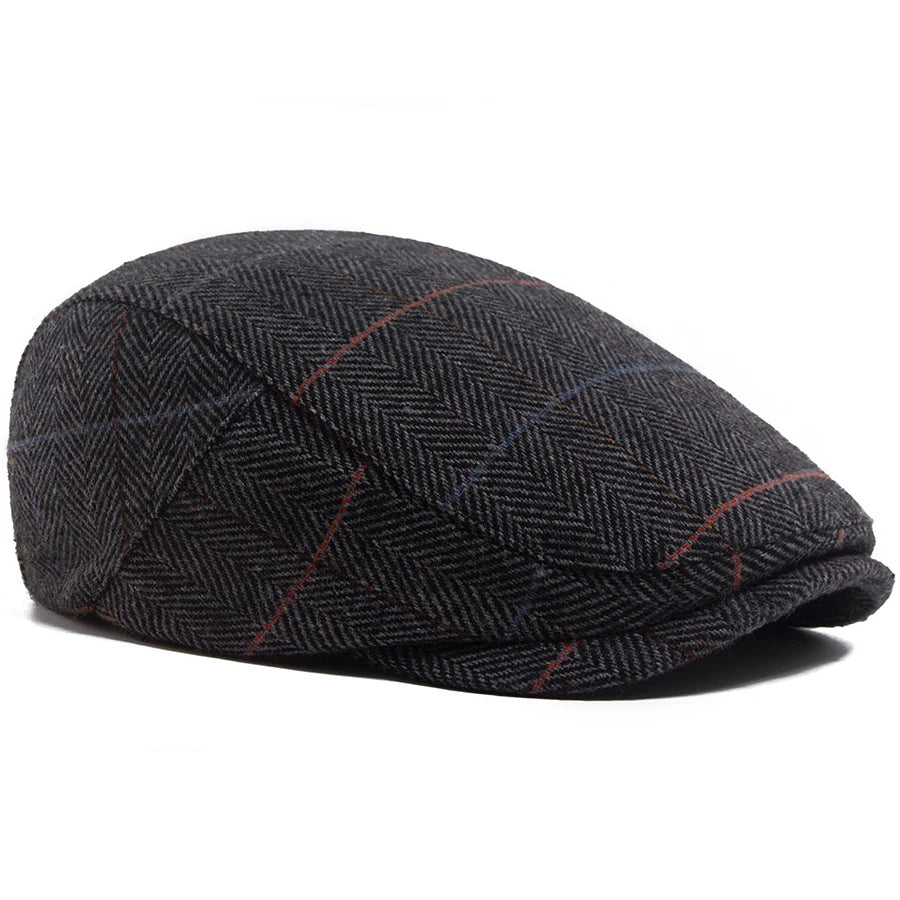 New Woolen Plaid Beret Men Casual Vintage Herringbone Newsboy Cap