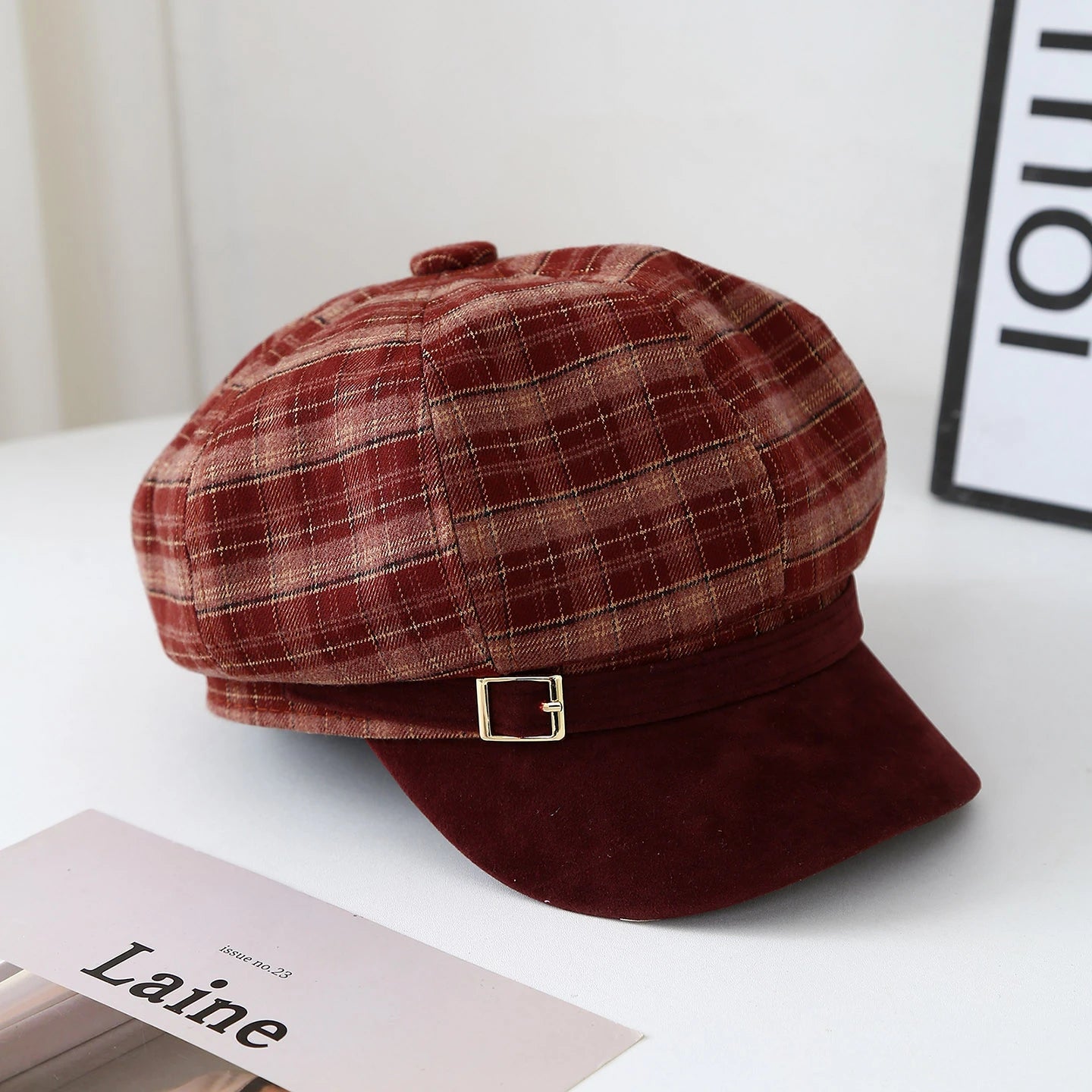 Vintage Red Plaid Beret Hat For Women Autumn Winter Newsboy Cap