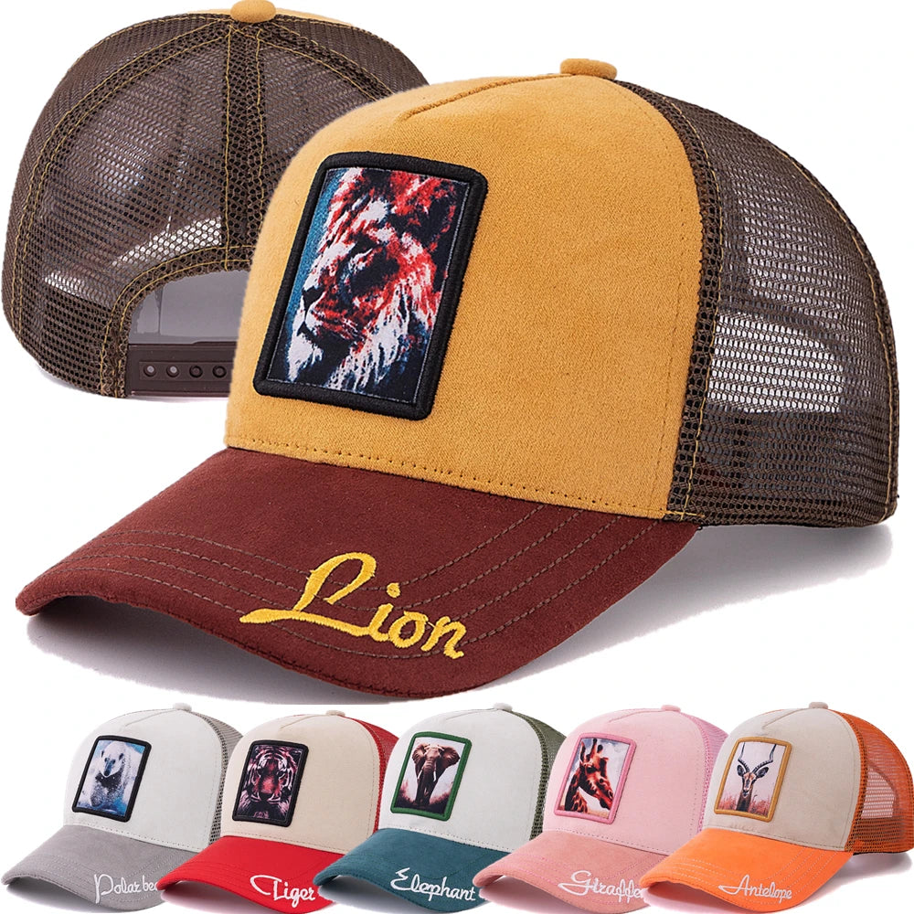 Unisex Mesh Cap Lion Pattern Patch Design Suede Hat Women And Men Summer Animal Baseball Cap
