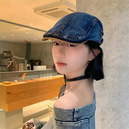 Vintage Washed Denim Gatsby Cap Ivy Flat Forwards Hat