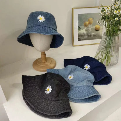Korean Daisy Embroidery Bucket Hat Women Men