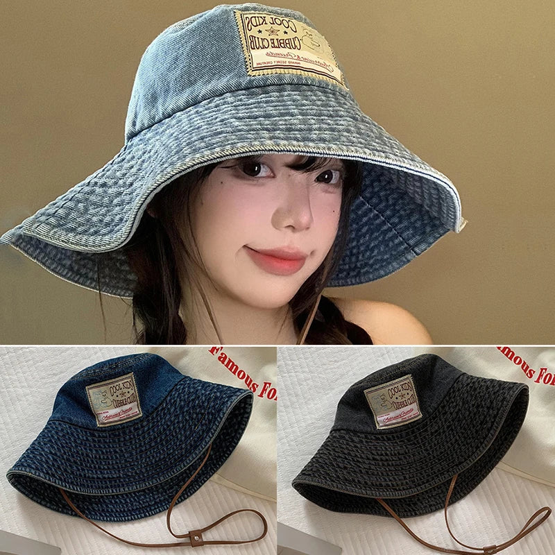 Retro Washed Denim Fishing Cap Women's Large Brim Sunshade Hat