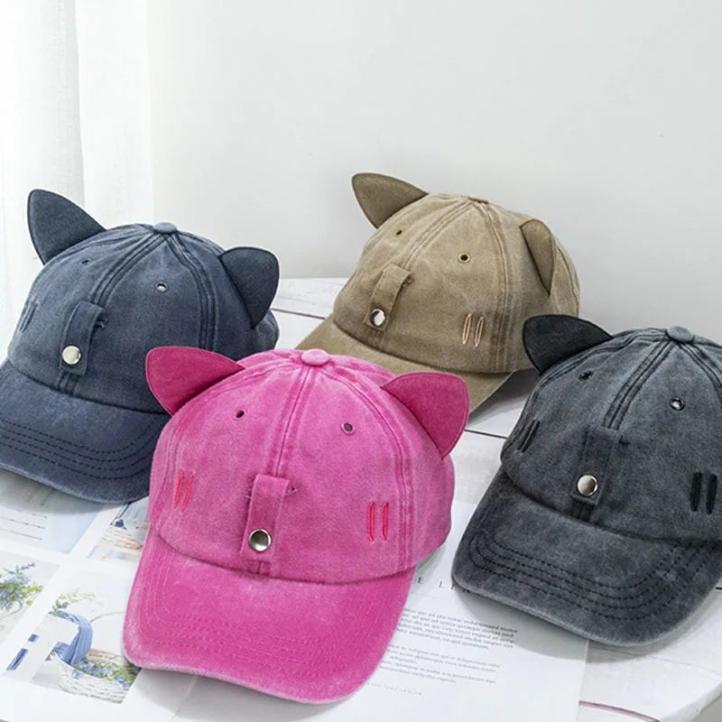 Cat Ears Sunglasses Baseball Cap Y2K Cotton Washed Women And Men