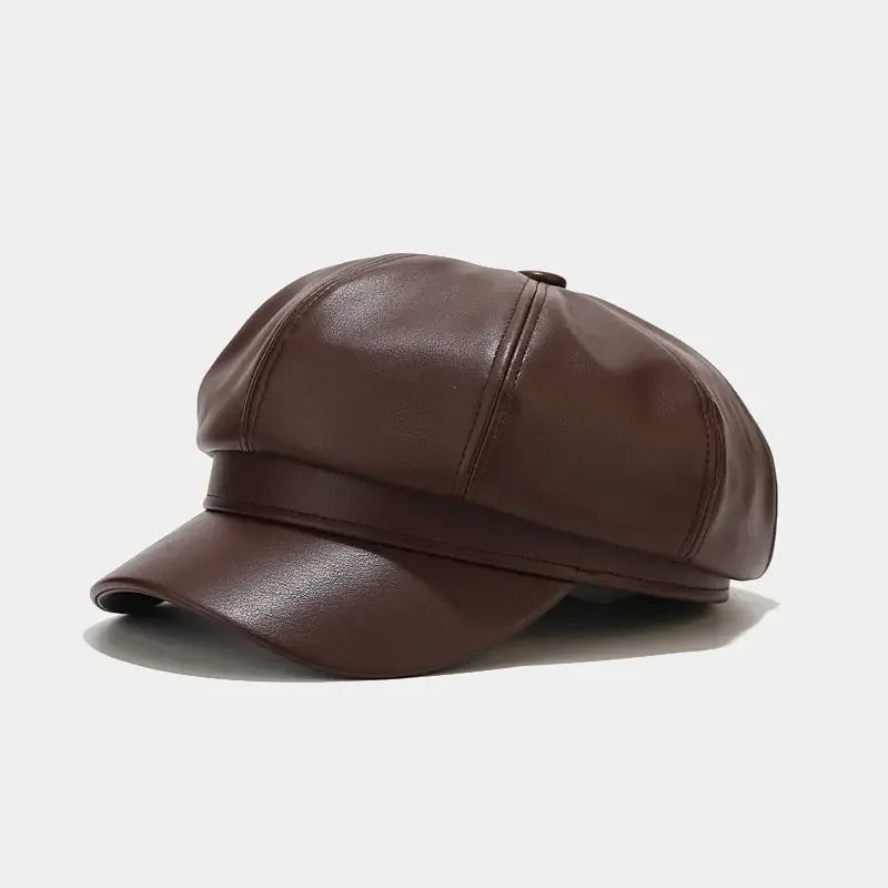 Four Seasons Pu Solid Beret Octagonal Cap Painter Hat