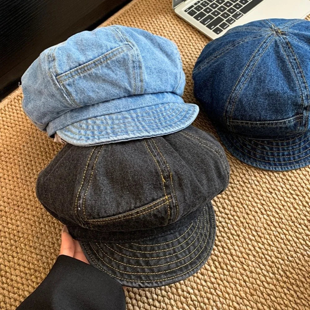 Retro Vintage Washed Denim Beret Newsboy Visor Octagonal Cap