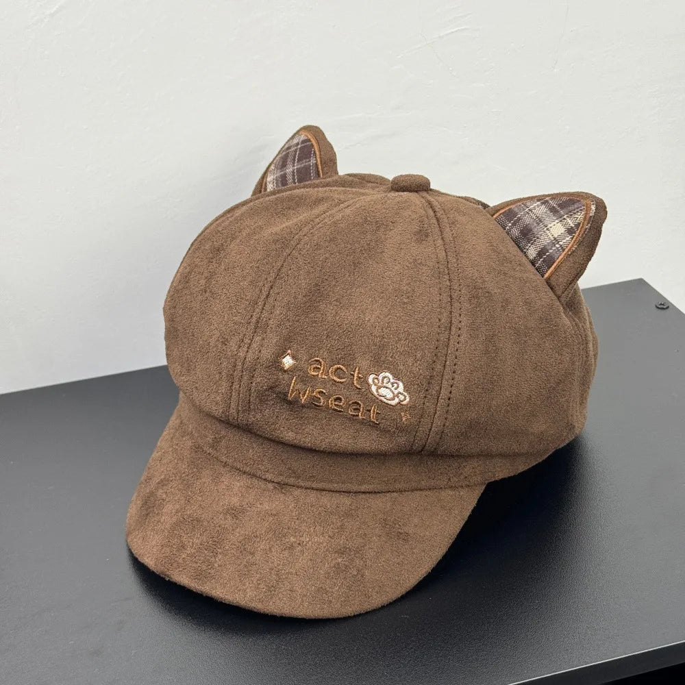 Kawaii Cat Ear Newsboy Cap Faux Suede Women Baker Boy Cap Letter Embroidery Autumn Snap Brim Y2k Hat