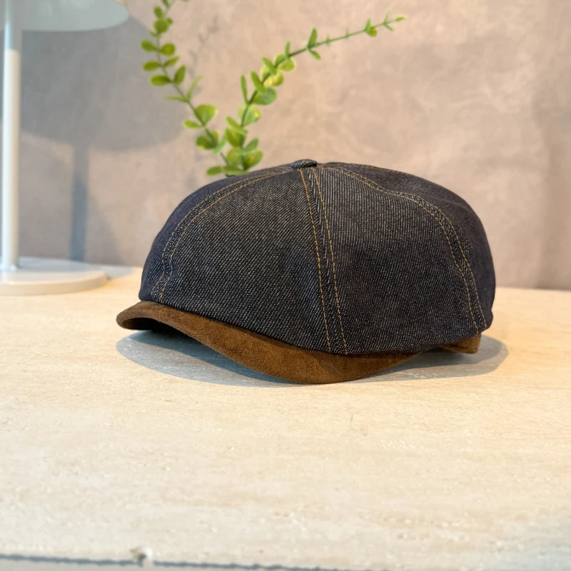 New Washed Distressed Vintage Denim Patchwork Beret Painter Hat