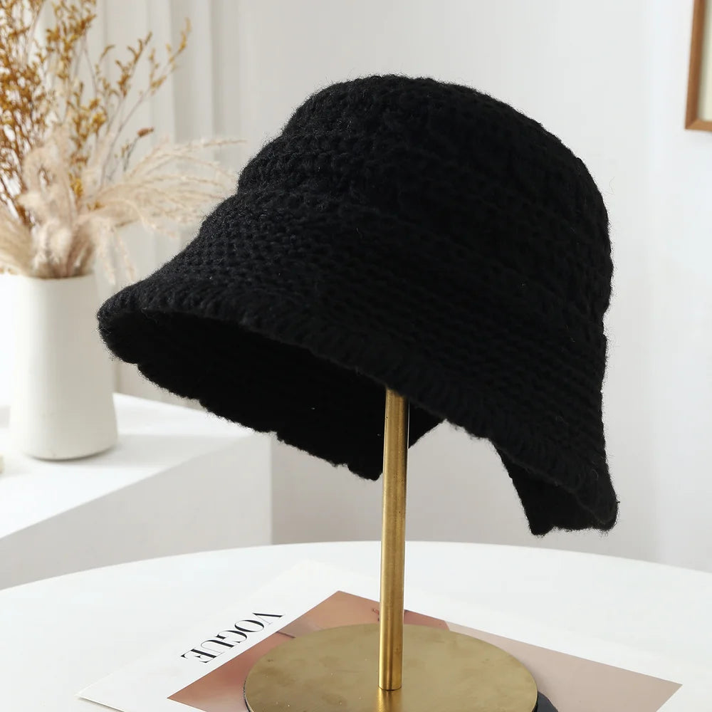 Women Openwork Knitted Bucket Hat Soft Asymmetric Brim Cap