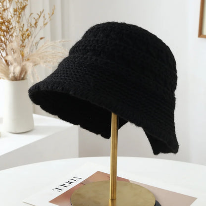 Women Openwork Knitted Bucket Hat Soft Asymmetric Brim Cap