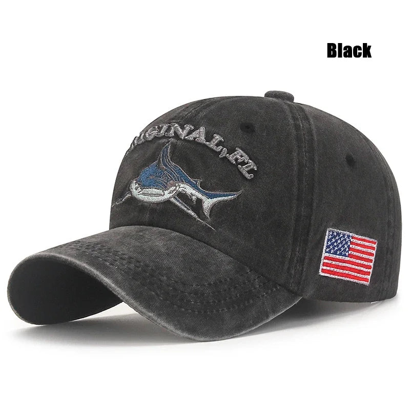 Shark Graphic And American Flag Embroidery Men Women Adjustable Soft Top Baseball Cap