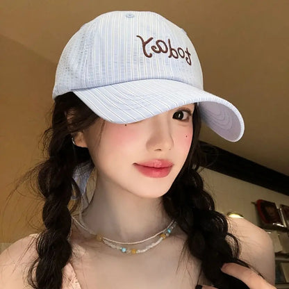 Embroidered Letter Baseball Cap Sweet Bow Tie Striped Design Sun Hat