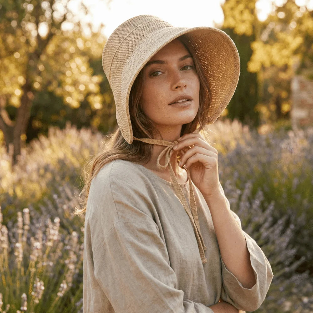 Cotton Linen Geometric Pattern Wide Brim Cloche Hat