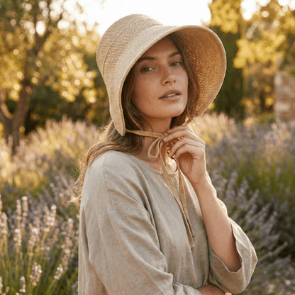 Cotton Linen Geometric Pattern Wide Brim Cloche Hat