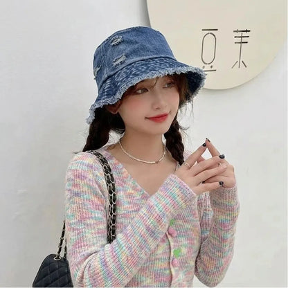 Fashion Washed Denim Bucket Hats Wide Brim Tassel Edge Fishermen Caps