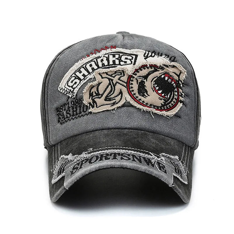 Unisex Washed Cotton Vintage Cap Sharks Embroidery Baseball Cap Men And Women