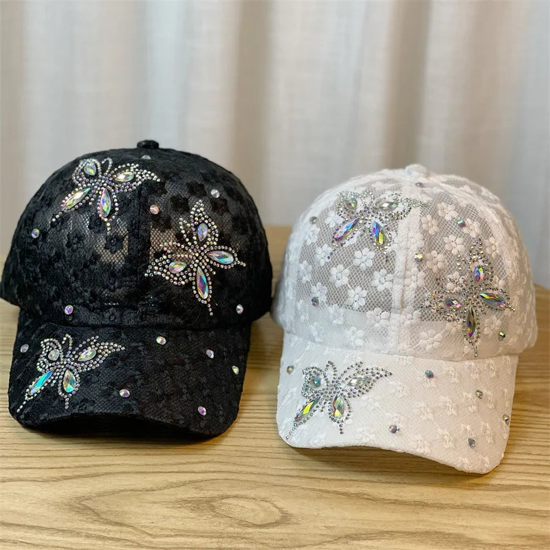 Summer Beaded Butterfly Breathable Lace Netting Baseball Cap