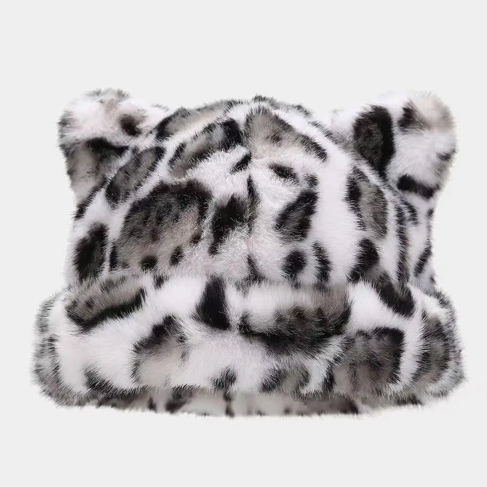New Leopard Print Fur Hat Women Cute Teddy Bear Beanie Hat