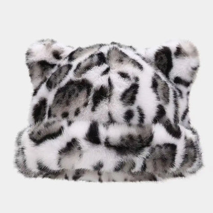 New Leopard Print Fur Hat Women Cute Teddy Bear Beanie Hat