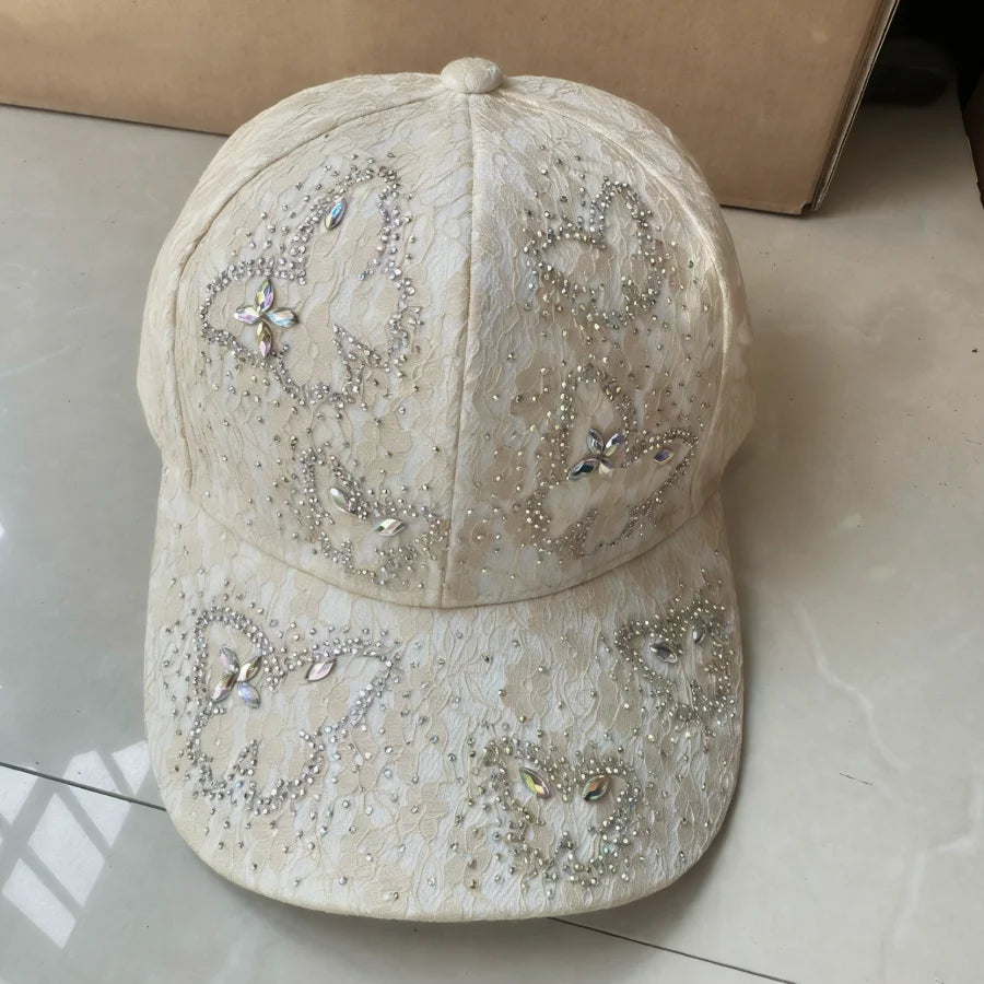 Luxurious Butterfly Rhinestone Lace Baseball Cap