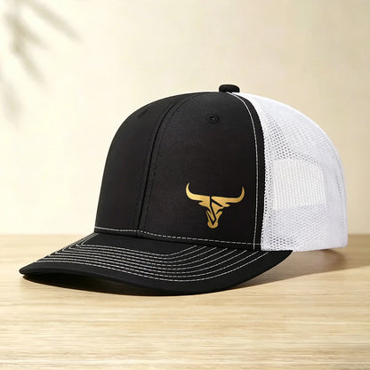 1 Gold Ox Head Print Truck Cap Breathable Mesh Back Baseball Cap Outdoor Snap Caps
