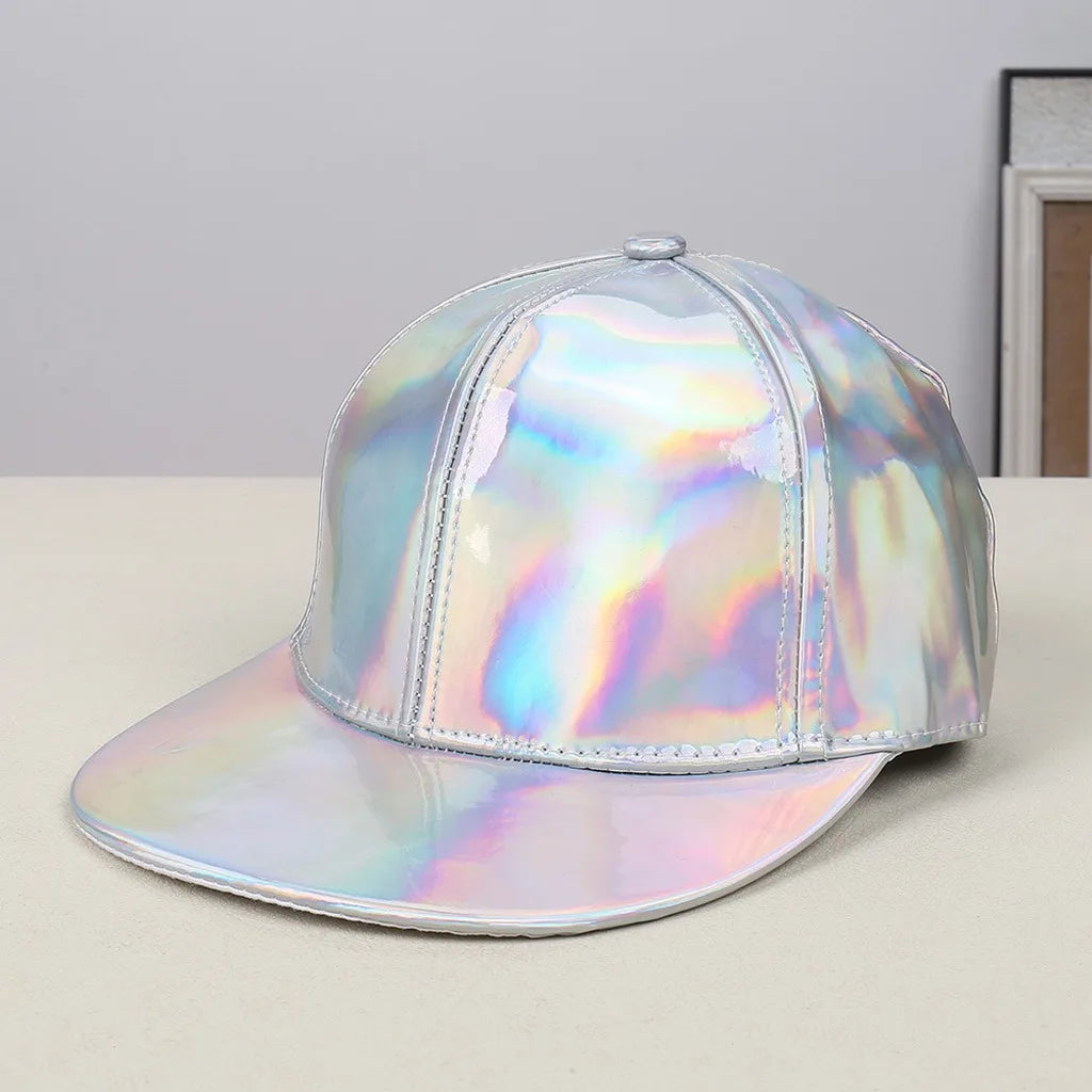 Adjustable Shiny Hat Breathable Holographic Pu Leather Baseball Cap