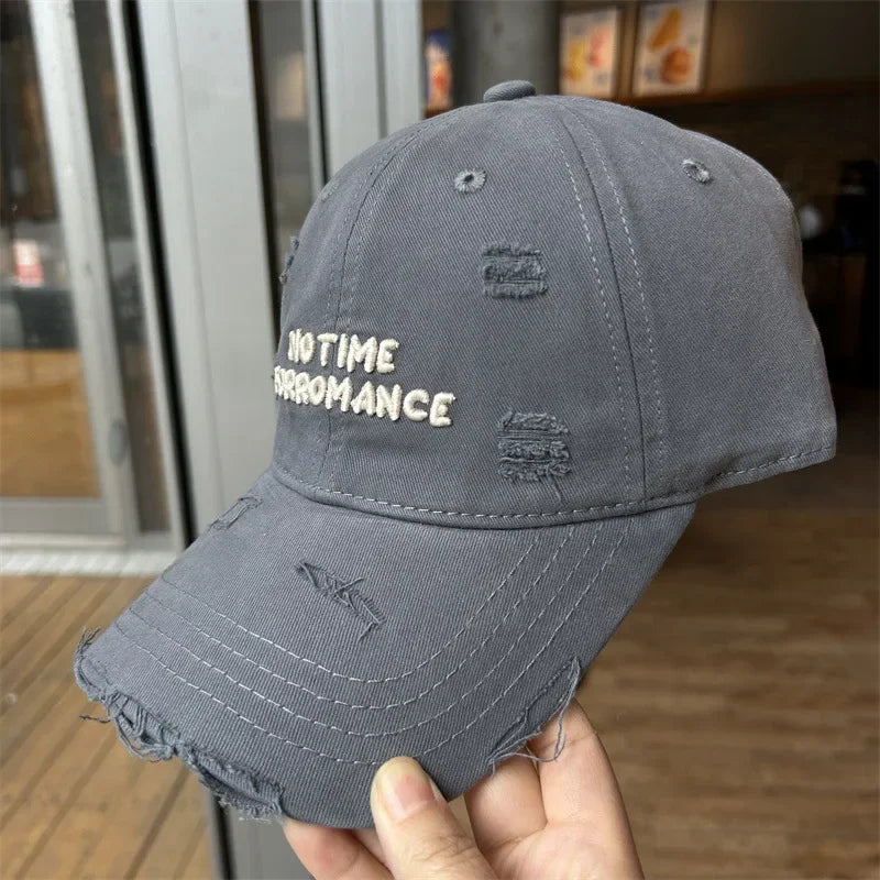 Distressed Women's Baseball Cap - Script Embroidery Washed Cotton Wide Brim Face Slimming Soft Sun Hat