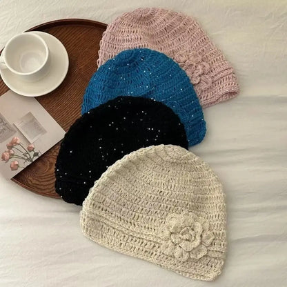 Y2k Style Flower Knitted Caps Hand-Woven Hollow Beanies Cap