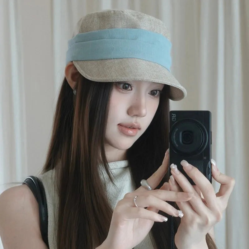 Retro Pleated Imitation Linen Flat Top Equestrian Hat Women's