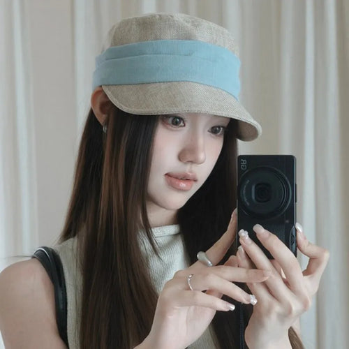 Retro Pleated Imitation Linen Flat Top Equestrian Hat Women's