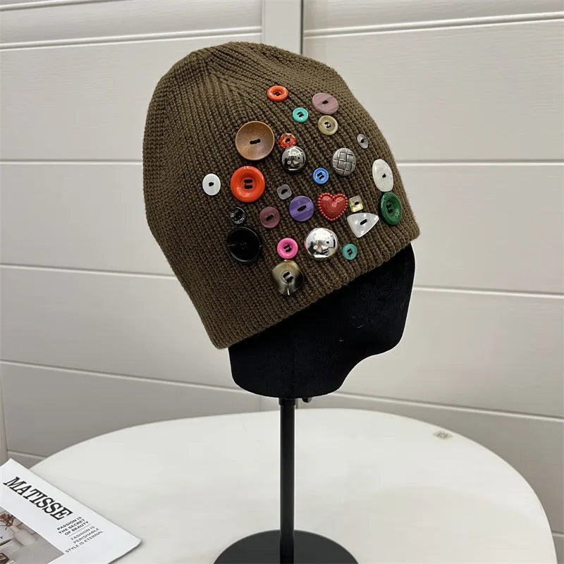 Korean Designer Colorful Button Beanies Wool Hat