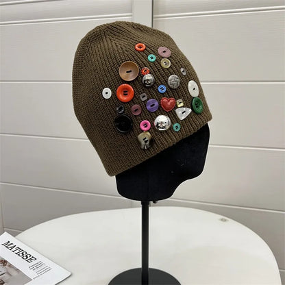 Korean Designer Colorful Button Beanies Wool Hat